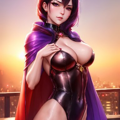 dc, dc comics, teen titans, rachel roth, raven (cosplay), nai diffusion, stable diffusion, curvaceous, curvy female, curvy figure, female focus, female only, latex, latex leotard, looking at viewer