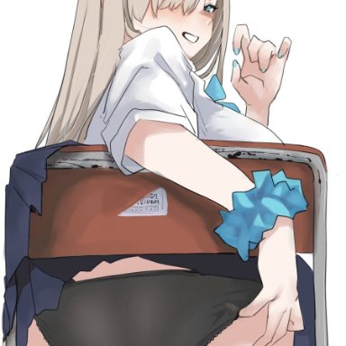 blue archive, asuna (blue archive), berserkert, adjusting clothes, adjusting panties, ass, black panties, blue eyes, blue nails, blue scrunchie, blue skirt, breasts, clothes lift, eyes visible through hair, female