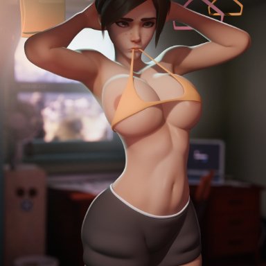 overwatch, tracer, breadblack, 1girls, areola slip, areolae peeking, arms behind head, arms up, big breasts, female, female focus, female only, freckles, freckles on ass, human