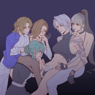 path to nowhere, bai yi (path to nowhere), chameleon (path to nowhere), character request, nightingale (path to nowhere), zoya (path to nowhere), klsg567, 1futa, 4girls, abs, balls, blonde hair, breasts, clothed, clothing