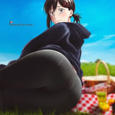 chainsaw man, higashiyama kobeni, bloskai, ass, ass focus, black hair, leggings, looking at viewer, outdoors, outside, pose, posing, short hair, hi res, highres