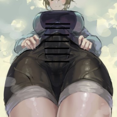 original, parka-chan (kazo), kazo, kazo (kazozakazo), 1futa, big breasts, big penis, bike shorts, blonde hair, breasts, brown eyes, bulge, clothed, clothing, erection