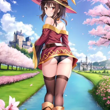 megumin, 1girl, 1girls, ass, blue sky, boots, brown hair, butt, castle, cherry blossoms, clothed, clothing, day, field, flower