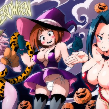 halloween, my hero academia, mina ashido, momo yaoyorozu, ochako uraraka, yamamoto doujin, 3girls, animal ears, areola slip, ass, bat wings, black sclera, blush, breasts, cleavage