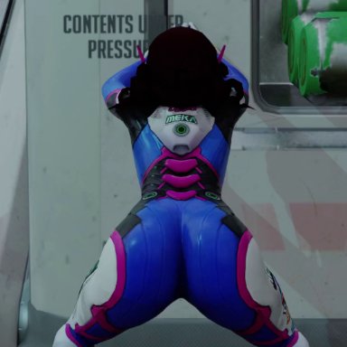 overwatch, d.va, kishi, against wall, ass, ass focus, ass shake, big ass, big butt, bodysuit, brown hair, female, from behind, gloves, headgear