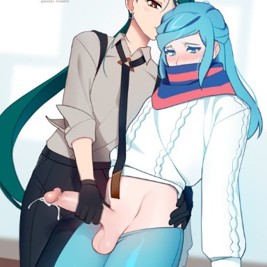 pokemon sv, grusha (pokemon), rika (pokemon), matemi, 1boy, 1girls, balls, big penis, blue eyes, blue hair, brown hair, cum, ear piercing, earrings, female