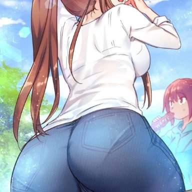 copyright request, character request, artist request, 2girls, arm up, ass, blue pants, blush, breasts, brown hair, cameltoe, closed eyes, cloud, crotch, day