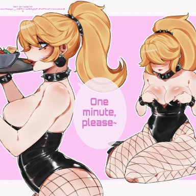 mario (series), nintendo, princess peach, nasya ns, 1girls, blonde hair, blue eyes, breasts, bunnysuit, earrings, female, female only, fishnet pantyhose, fishnets, goth