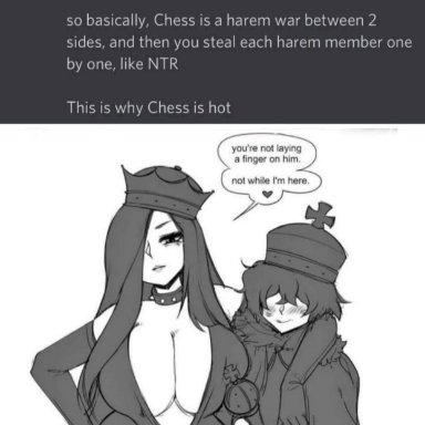 chess, artist request, 1boy, 1girls, big breasts, big dom small sub, black hair, chess king, chess piece, chess queen, collar, crown, discord message, femdom, mommy kink