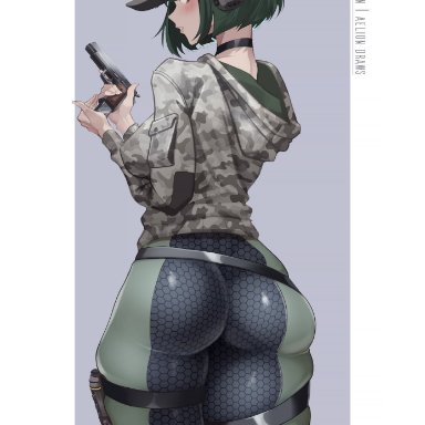 rainbow six, rainbow six siege, ela (rainbow six), aelion draws, 1girls, ass, ass focus, camouflage, female, female only, green hair, handgun, headphones, latex, latex legwear