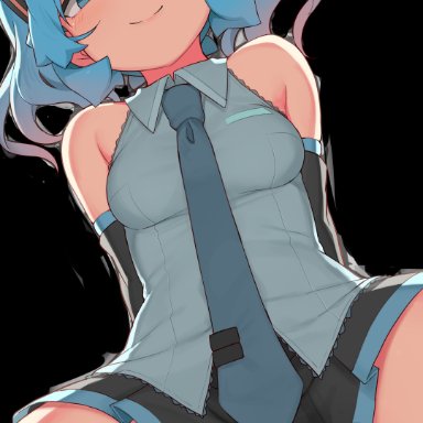 vocaloid, hatsune miku, abmayo, 1boy, 1girls, :), aqua hair, bangs, bare shoulders, black skirt, black sleeves, black thighhighs, blue eyes, blue hair, blush