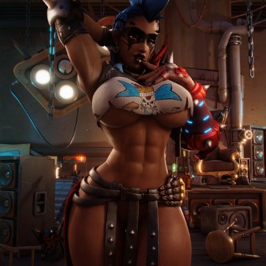 blizzard entertainment, overwatch, overwatch 2, junker queen, axistryker, 1girls, big breasts, black nails, blue hair, breasts, earrings, female, female focus, female only, fingerless gloves