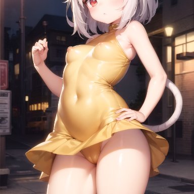 stable diffusion, animal ears, cameltoe, dress, light skin, mouse, nipple bulge, nipples, panties, red eyes, shiny skin, short hair, tail, thick thighs, thighs