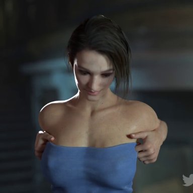 resident evil, resident evil 3, resident evil 3 remake, jill valentine, thepartywurm, big breasts, blue topwear, revealing breasts, titty drop, 3d, tagme, video