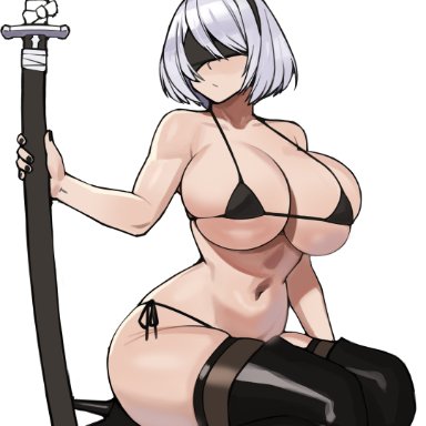 nier, nier: automata, yorha 2b, donburikazoku, 1girls, android, android girl, bikini, black bikini, blindfold, breasts, female, hair over one eye, holding object, huge breasts