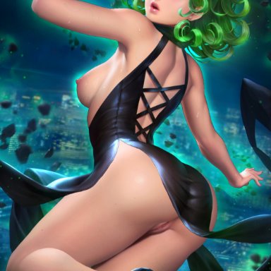 one-punch man, tatsumaki, neoartcore, nudtawut thongmai, big ass, big breasts, bottomless, erect nipples, exposed breasts, exposed pussy, green eyes, green hair, kissable lips, looking back, no bra