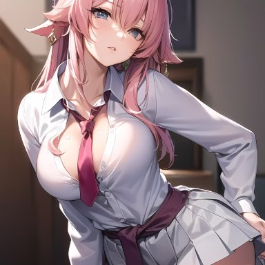 genshin impact, yae miko, nai diffusion, stable diffusion, 1girls, breasts, female, female only, large breasts, looking at viewer, necktie, necktie between breasts, pink hair, school uniform, schoolgirl