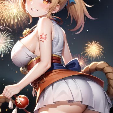 genshin impact, yoimiya (genshin impact), nai diffusion, stable diffusion, ass, ass peek, blonde hair, blush, breasts, busty, cute, dat ass, female, fireworks, from behind