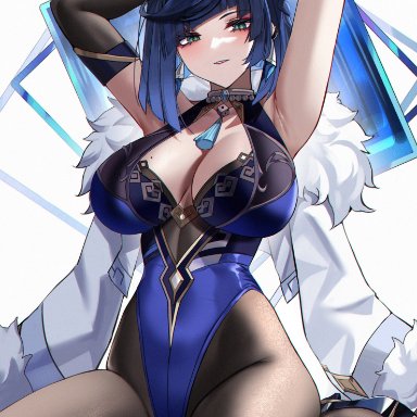 genshin impact, yelan (genshin impact), eternity (shadeh), 1girls, animal ears, armpits, arms up, bangs, black pantyhose, blue footwear, blue hair, blue hairband, blue leotard, blush, breasts