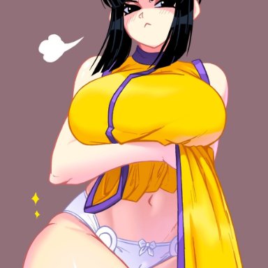 dragon ball, dragon ball z, chichi, angry face, belly button, black hair, cameltoe, china dress, chinese clothes, clothed, dress lift, eyeshadow, huge breasts, kiwiartsu, panties