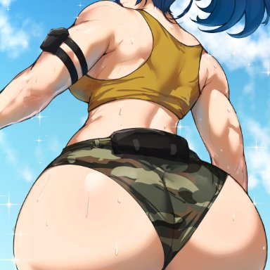 king of fighters, snk, leona heidern, batako, 1girls, ass, back, backboob, blue hair, booty shorts, breasts, camo print, dat ass, female, huge ass