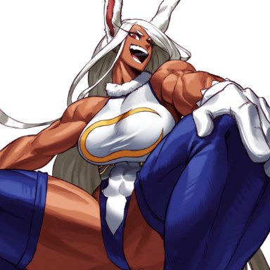 my hero academia, miruko, rumi usagiyama, sotcho, 1girls, abs, animal ears, brown hair, bunny ears, bunny girl, dark-skinned female, dark skin, eyelashes, female, female only