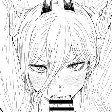 chainsaw man, power (chainsaw man), kaiman garupan, 1boy, 1girls, demon girl, fellatio, fellatio face, fellatio pov, hands-free, hands behind head, horn, horns, horny, horny female