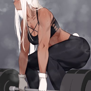 my hero academia, shounen jump, miruko, rumi usagiyama, kikimifukuri, athletic, athletic female, barbell, big breasts, cleavage, dark-skinned female, dark skin, fit female, fluffy tail, gloves