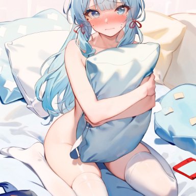genshin impact, kamisato ayaka, artist request, blue eyes, blue hair, blush, blushing at viewer, covering, embarrassed, embarrassed nude female, female, nude, pillow, pillow grab, ponytail