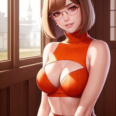scooby-doo, scooby-doo (series), velma dinkley, stable diffusion, 1girls, bare arms, bare shoulders, big breasts, bob cut, boob window, cleavage, cleavage cutout, cowboy shot, curvy female, female focus