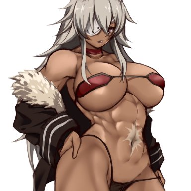 mushoku tensei, ghislaine dedoldia, gojich1, 1girls, abs, animal ears, big breasts, bottomwear, breasts, eyepatch, female, female only, grey hair, hair, hand on hip