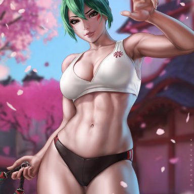 blizzard entertainment, overwatch, overwatch 2, kiriko (overwatch), dandon fuga, 1girls, abs, arm up, armpit, asian, asian female, bangs, bare arms, bare shoulders, bare skin
