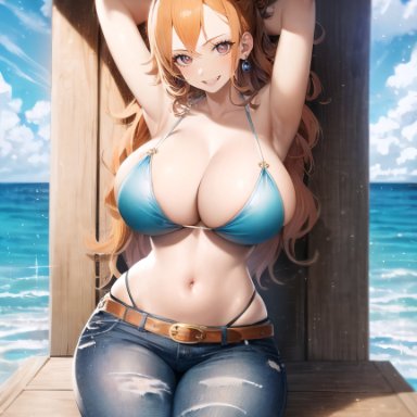 one piece, toei animation, nami (one piece), stable diffusion, big breasts, curvy female, curvy figure, female focus, female only, long hair, orange hair, seductive look, voluptuous female, 2023, ai generated