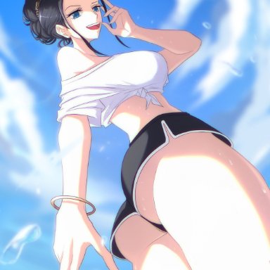 one piece, nico robin, opalisart, black hair, blue eyes, shorts