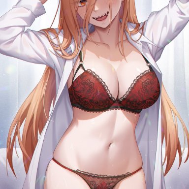 chainsaw man, power (chainsaw man), leaf98k, 1girls, :d, arms up, bangs, blonde hair, blush, bra, breasts, cleavage, cowboy shot, demon horns, female