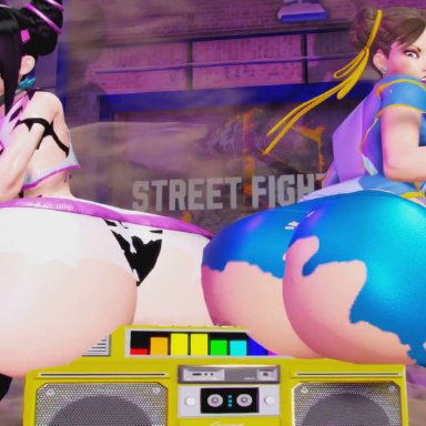 capcom, honey select, street fighter, street fighter 6, chun-li, juri han, prevence, 2girls, ass, ass to ass, bottom heavy, bouncing ass, brown hair, double bun, duo