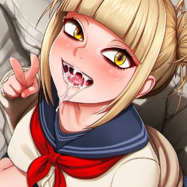 himiko toga, neocoill, blonde hair, blush, blush lines, blushing at viewer, cum, cum in mouth, cum inside, looking at viewer, peace sign, school uniform, schoolgirl, skirt, yellow eyes