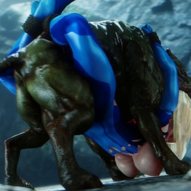 fallout (series), fallout 4, metroid, samus aran, noname55, 3boys, areolae, ass, bestiality, blonde hair, blue bodysuit, bodysuit, bouncing ass, bouncing testicles, bound legs