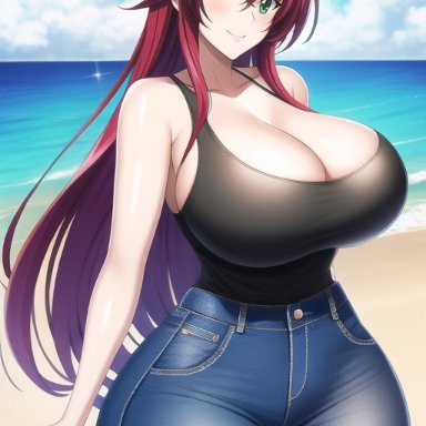 high school dxd, rias gremory, nai diffusion, stable diffusion, black tank top, blue eyes, curvy, curvy figure, gigantic breasts, high-waist pants, huge ass, huge breasts, huge hips, long hair, red hair