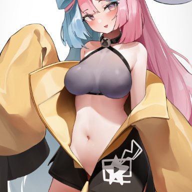 nintendo, pokemon, pokemon sv, gym leader, iono (pokemon), berserker r, 1girls, blue hair, breasts, female, light-skinned female, light skin, long hair, long sleeves, medium breasts