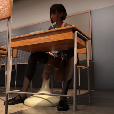 saga (lekka), lekka, 1futa, big penis, bottomless, classroom, clothed, clothing, condom, condom filling, condom on penis, dark-skinned futanari, desk, excessive cum, exhibition