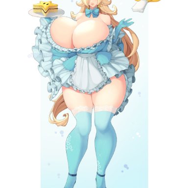 mario (series), nintendo, super mario galaxy, luma, princess rosalina, tundromaiden, 1girls, bimbo, blonde hair, blue eyes, breasts, cake, cleavage, dress, female