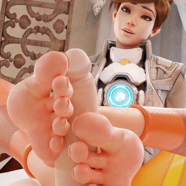 blizzard entertainment, overwatch, lena oxton, tracer, vixkend, 1girls, brown eyes, brown hair, feet, foot fetish, footjob, footjob with legwear, tagme