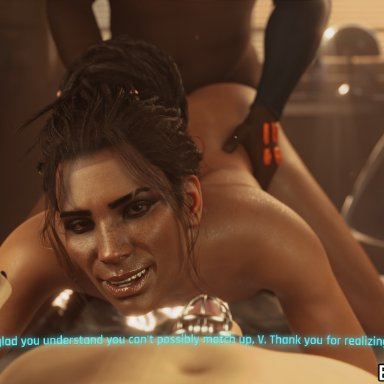 cyberpunk 2077, panam palmer, beeg3d, ass, brown hair, chastity, chastity cage, chastity device, cuck, cuckold, cuckold pov, dark-skinned female, dark-skinned male, doggy style, female