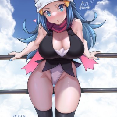 nintendo, pokemon, pokemon dppt, dawn (pokemon), achromaru, 1girls, aged up, alternate breast size, blue eyes, blue hair, blush, breasts, embarrassed, female, hat