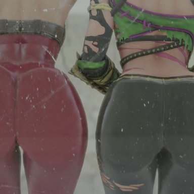 soul calibur, taki, tira, kishi, 2girls, against fourth wall, against glass, ass, ass focus, ass on glass, ass press, big ass, bodysuit, from behind, head out of frame