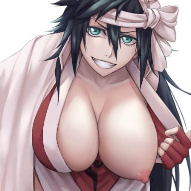 bleach, kukaku shiba, sakuya (liao kj), 1girls, big breasts, black hair, blue eyes, breasts, cape, female, huge breasts, large breasts, looking at viewer, nipples, one breast out