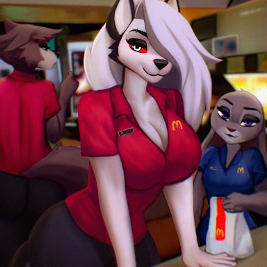 beastars, disney, helluva boss, mcdonald's, zootopia, judy hopps, juno (beastars), loona (helluva boss), aozee, 3girls, anthro, big breasts, black pupils, breasts, brown body