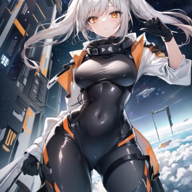 myrr., stable diffusion, 1girls, ass visible through thighs, bangs, black gloves, bodysuit, breasts, closed mouth, covered navel, gloves, hand up, jacket, large breasts, latex