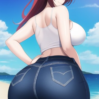 high school dxd, rias gremory, nai diffusion, stable diffusion, ass focus, blue eyes, curvy, curvy figure, gigantic ass, hand on hip, high waisted pants, huge ass, huge breasts, jeans, long hair